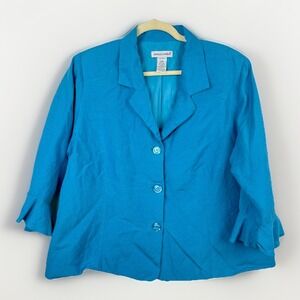 Jessica London Linen Jacket Blazer 20WP Turquoise Ruffle Plus Petite 3/4 Sleeve